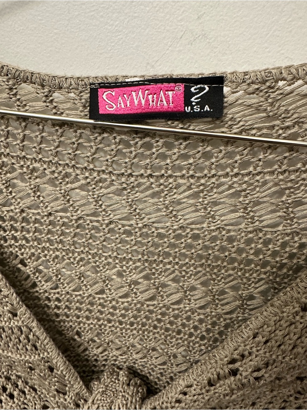 Y2K “Say What?” Crochet Tie-Front Cardigan in Taupe - Picture 3 of 7
